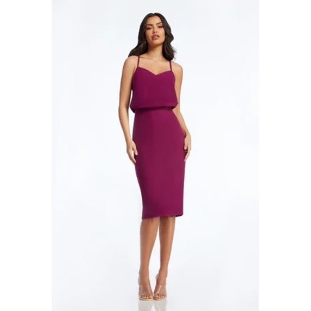 Dress The Population Dark Magenta Blouson Sheath Midi Dress XS DDR440-3053‎ NEW